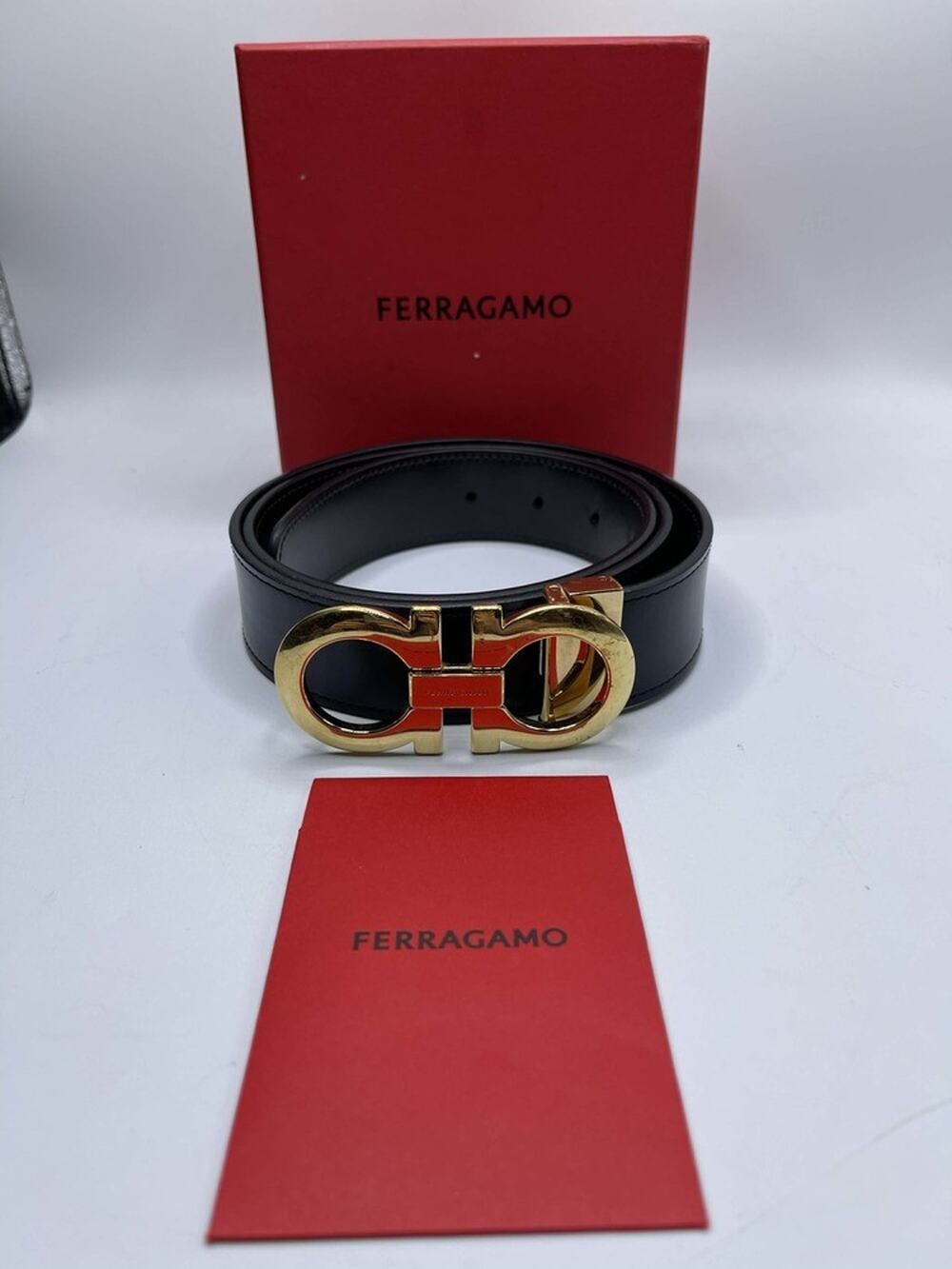 Ferragamo Black Leather Belt with Gold Tone Buckle in Box SPB-JB 364336